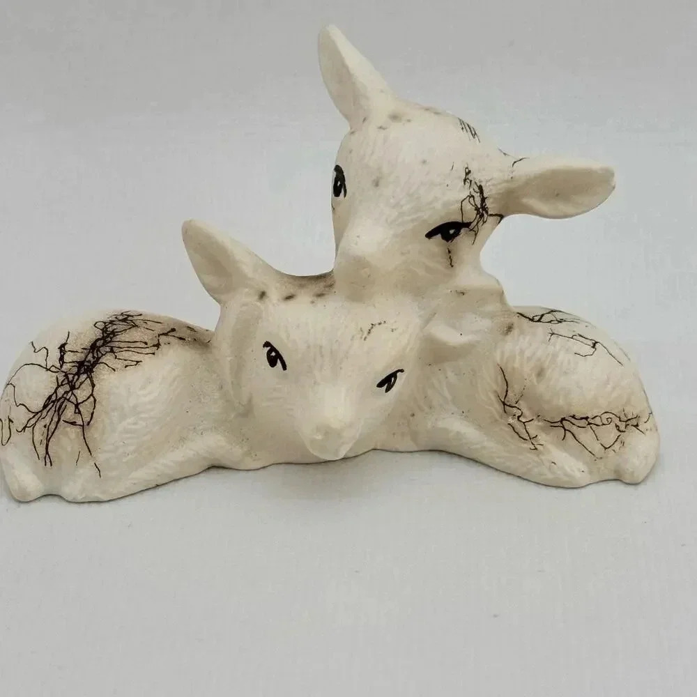 White Ceramic Cuddling Fawns Figurine - Horse Hair Pottery